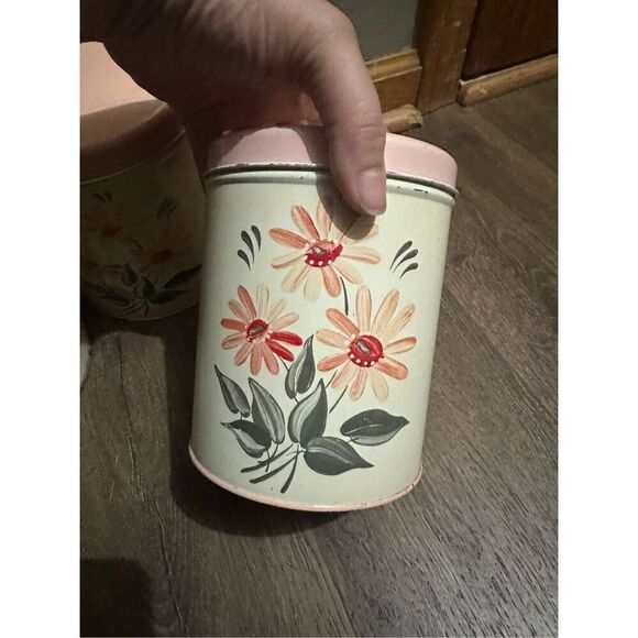 Vtg NC Colorware 60s Metal Kitchen Canister Set of 3 Flowers Beige Peach MCM - Picture 6 of 16